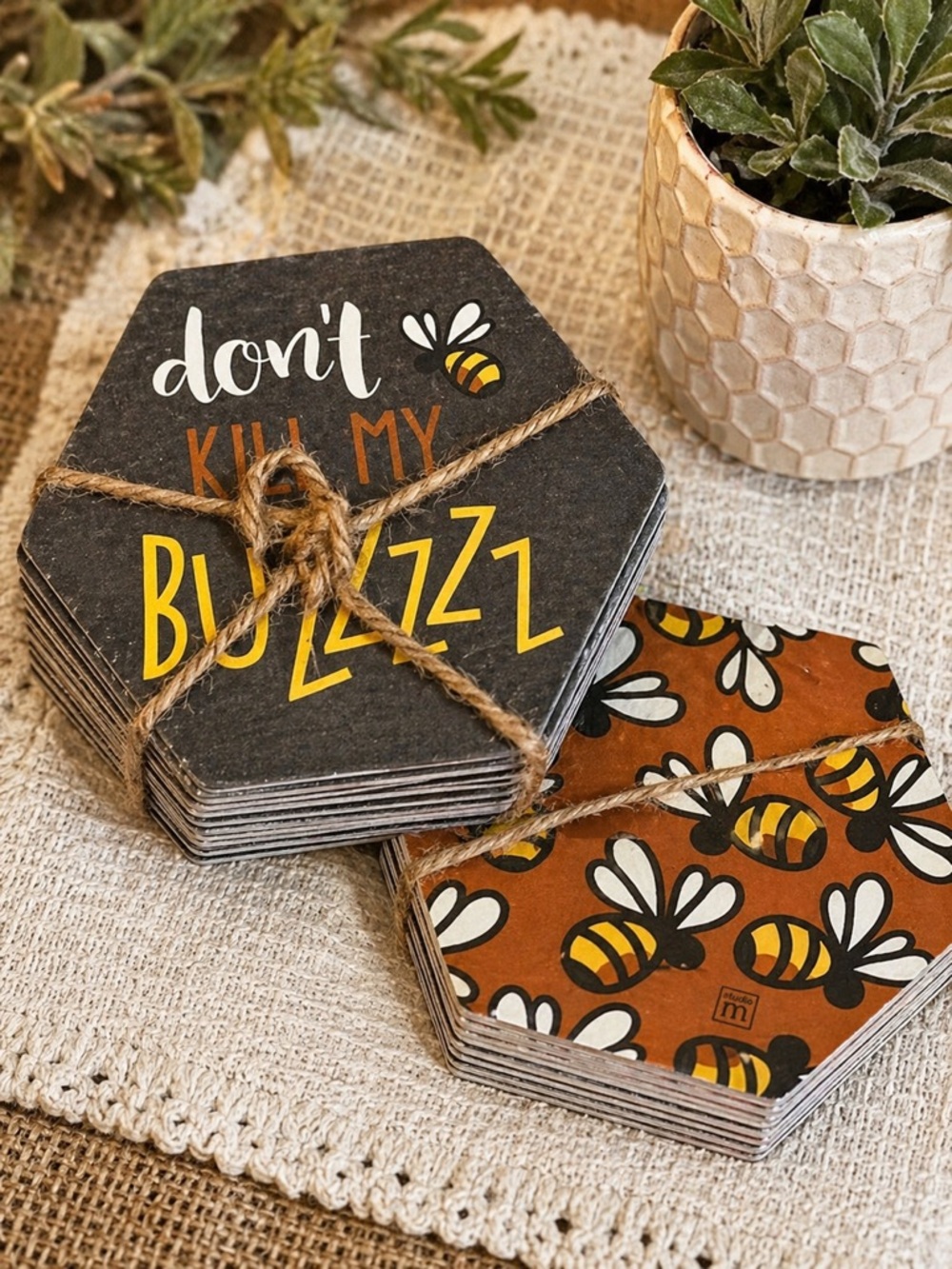 Bee Coaster Set 18pc NWT “Don’t Kill My Buzzzz” Farmhouse Decor Gift